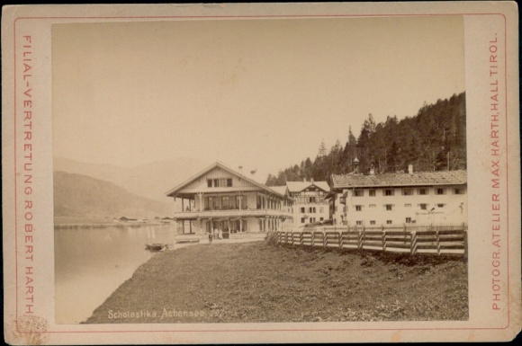Cabinet Photo Scholastika at Lake Achenkirch in Tyrol, building on the shore