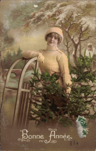 Postcard Happy New Year, woman with sleigh, Christmas tree