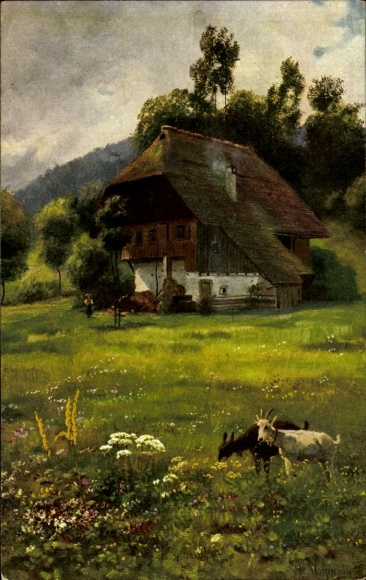 Artist Postcard Hoffmann, H., In the flowering meadow, Black Forest series, goats, farmhouse