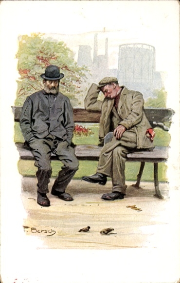 Artist Postcard Bersch, F., Berlin types, beggars, bench
