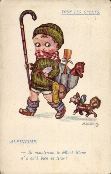 Artist Postcard Child with hiking equipment, And now Mont Blanc, Humor