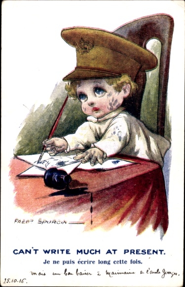 Artist Postcard Spurgin, Fred, Boy in British uniform writes a letter