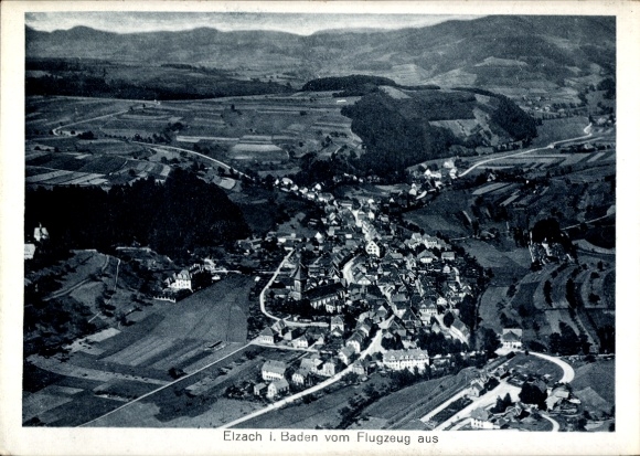 Postcard Elzach in the Black Forest, aerial view of mountains, forests, residential buildings