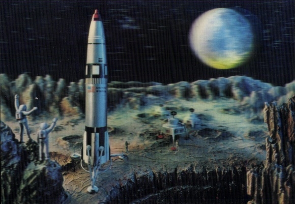 3 D Postcard moon landing, astronauts, earth, rocket, space travel