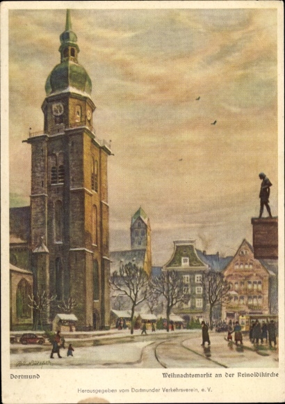 Artist Postcard Dortmund in the Ruhr area, Christmas market at the Reinoldikirche, statue