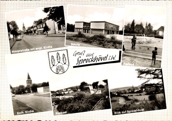 Postcard Obersprockhövel Sprockhövel in the Ruhr area, partial views, coat of arms, school, outdoor pool, church