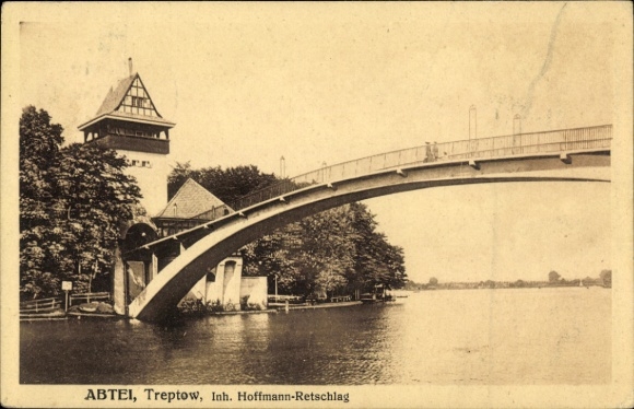 Ak Berlin Treptow Wuhlheide, ABTEI,  Brücke, Wasser, Bäume, Gebäude