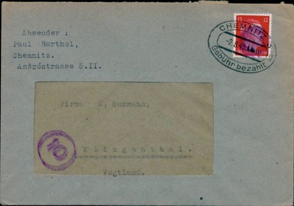 (9) Chemnitz fee paid on letter, 02.08.1945