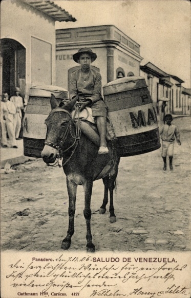 Postcard Venezuela, bread seller on a donkey