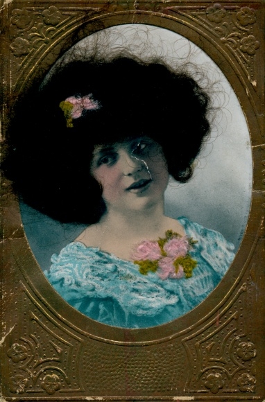 Real hair Postcard portrait of a young woman, rose, blue dress, flowers