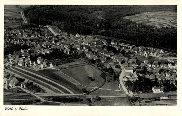 Ak Wörth am Rhein, Luftaufnahme von Wörth, Häuser, Felder, Wälder