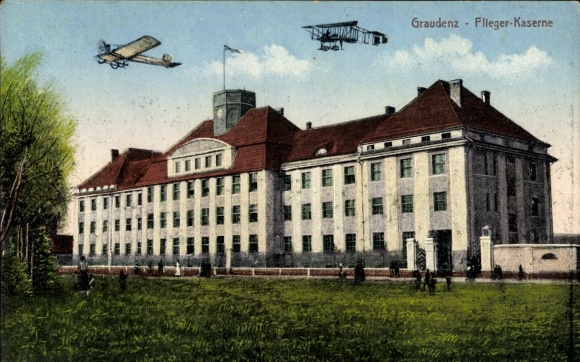 Postcard Grudziądz Graudenz West Prussia, aviator barracks, military aircraft