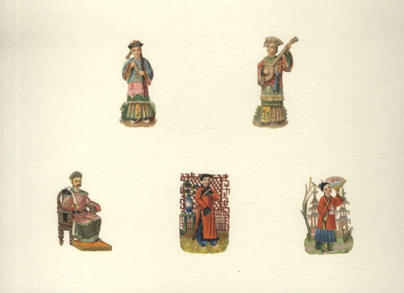 5 wafli chińskich w tradycyjnych strojach, ok. 6 x 4 cm i 6 x 3 cm