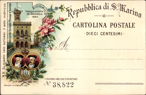 lito San Marino, Palazzo del Consiglio Principe e Sovrano, Inauguracja 1894