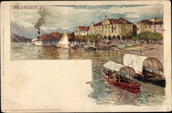 Kunstenaar litho Wielandt, Manuel, Pallanza Verbania Piemonte, kustgebied, boten