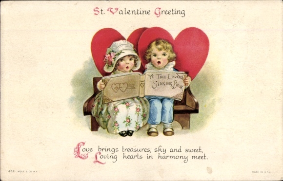 Postcard Valentine's Day, Children with Songbook, Hearts