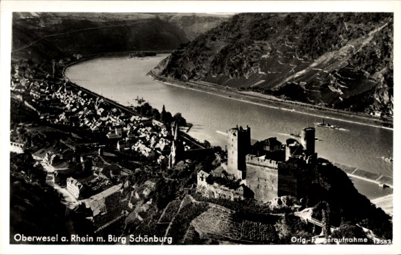 Postcard Oberwesel am Rhein, aerial photograph, Schönburg Castle