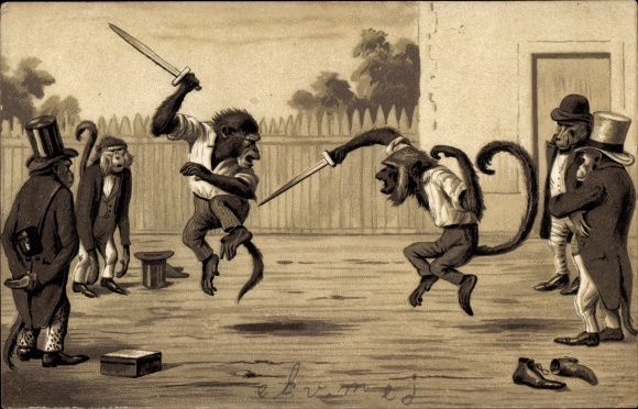 Shape Postcard baboons as swordsmen, tails, top hats, humanized monkeys