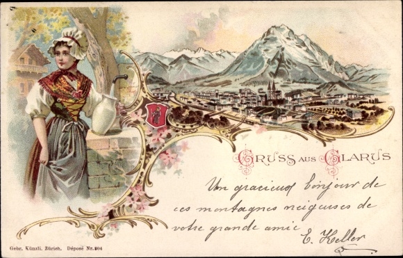 lito Glarus Kt. Glarus Szwajcaria, widok na miasto, kobieta w tradycyjnym stroju