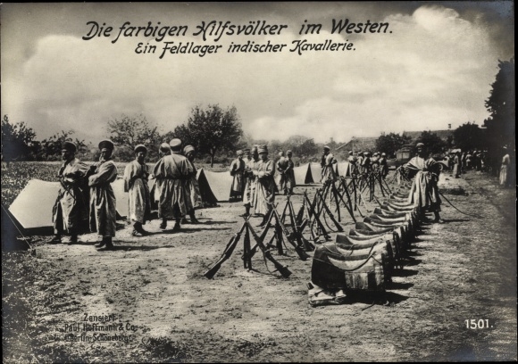 Postcard Colored auxiliary peoples in the west, field camp of Indian cavalry, I WW