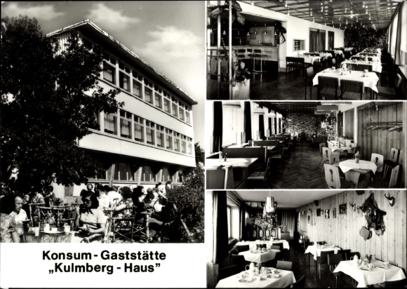 Postcard Dorfkulm Unterwellenborn in Thuringia, consumer restaurant Kulmberg-Haus, gnome bar