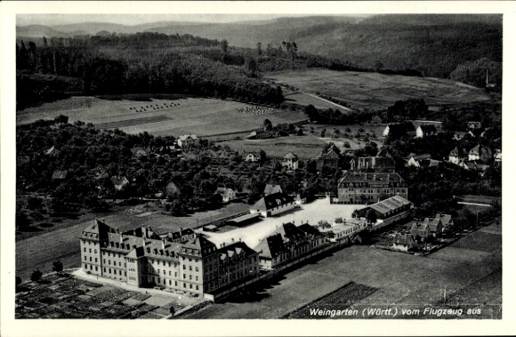Postcard Weingarten in Württemberg, aerial view of Weingarten, surroundings with forests, fields
