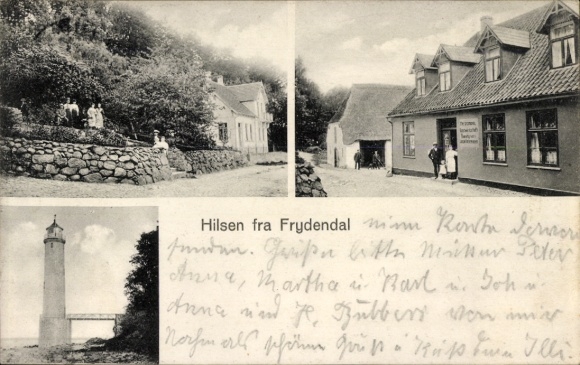 Postcard Frydendal Denmark, light tower, shop, street scene
