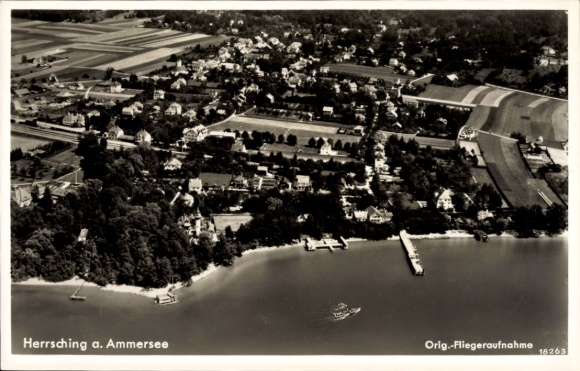 Postcard Herrsching am Ammersee, aerial view, lake, houses, trees, boat docks, rural surroundings