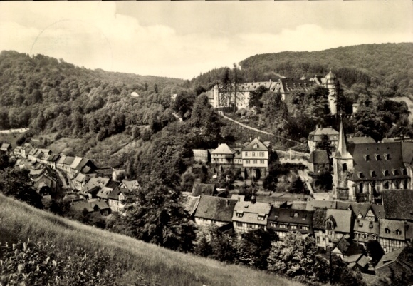PC Stolberg in the Harz Mountains, landscape with mountains, historic buildings, black and white