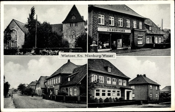 Postcard Wietzen in Lower Saxony, city views, business Bierfischer, street section, church
