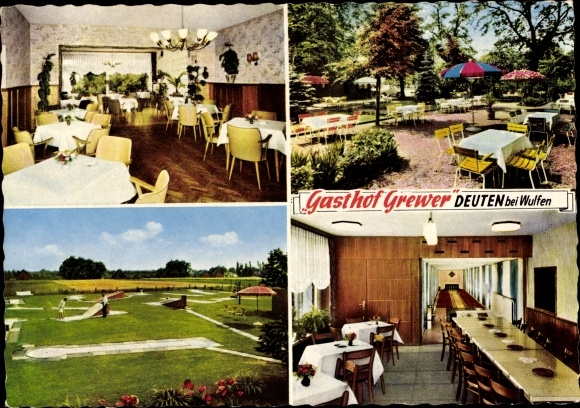 Postcard Deuten Dorsten in Westphalia, Gasthof Grewer, bowling alley, mini golf