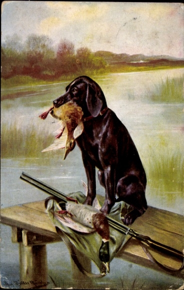 Artist PC Müller, Aug., bloodhound, shot mallard, hunting