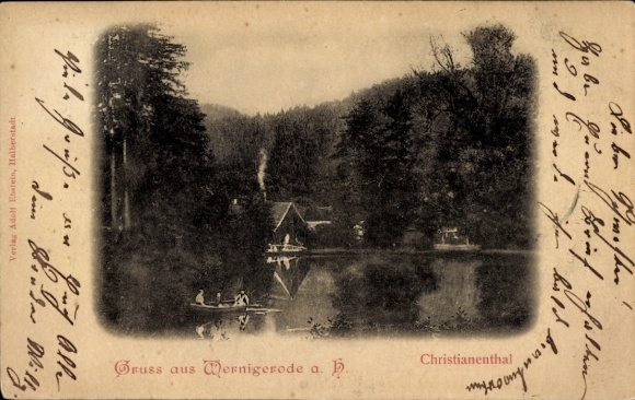 Ak Wernigerode im Harz, Vorderseite zeigt Berglandschaft, See, Bootfahrer, Holzhaus, Bäume