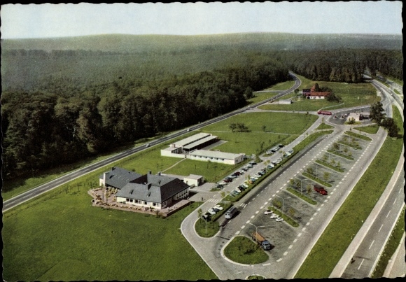 Postcard Rohrbrunn Weibersbrunn in Bavaria, aerial photo of the motorway rest house in the Spessart, motel