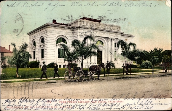Postcard San Diego California, Free Public Library, carriage, library