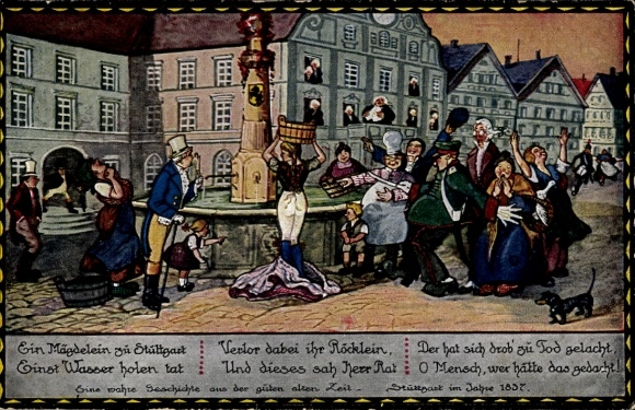 Artist Postcard Stuttgart am Neckar, A true story from the good times, fountain, Anno 1837