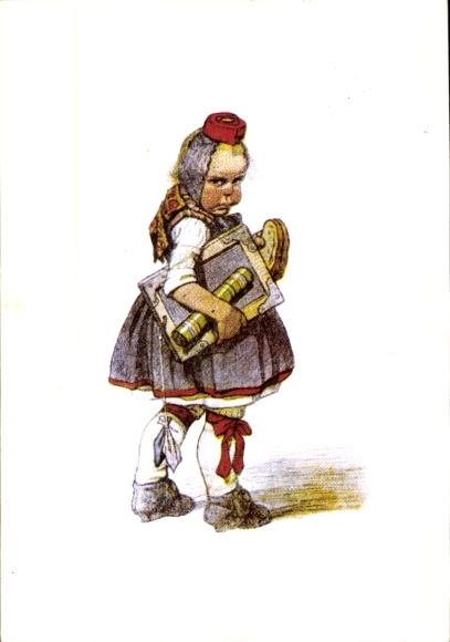 Artist Postcard Beithan, Emil, Girl in Hessian costume, slate board