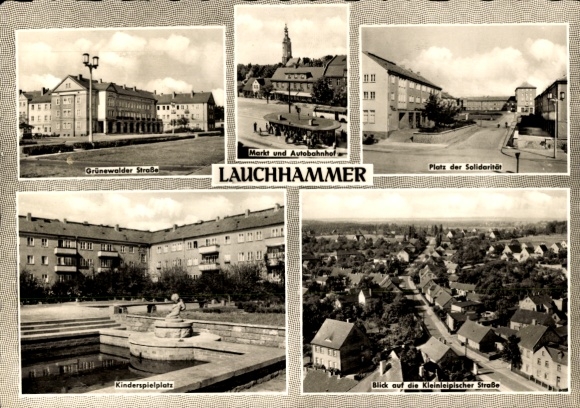 Postcard Lauchhammer in Niederlausitz, car station, Kleinleipische Straße, Square of Solidarity