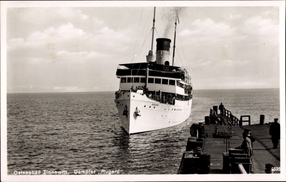 Ansichtkaart Ostseebad Zinnowitz op Usedom, stoomboot Rugard, rederij Braeunlich, badplaatsschip
