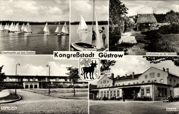 Ak Güstrow in Mecklenburg, Segelregatta auf dem Inselsee, Kongreßhalle, Fischerhaus, Bahnhof