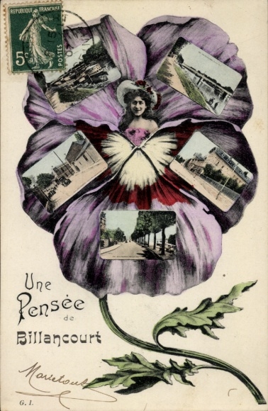 Postcard Billancourt Hauts de Seine, partial views of the city, pansies, girl