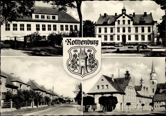 Postcard Rothenburg in Oberlausitz, new school, Martin-Ulbrich-Haus, town hall, Ev. church, coat of arms