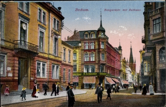 PC Bochum in the Ruhr area, Bongardstrasse with town hall, plot by H. Schneider