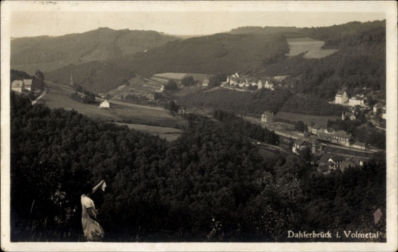 Postcard Dahlerbrück Schalksmühle in the Sauerland, landscape with hills, houses, forest, person in the foreground