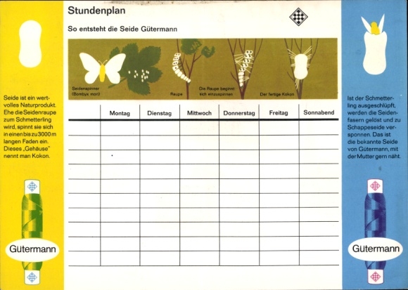 Timetable Gütermann Garne, history of automobiles, how silk is made around 1960