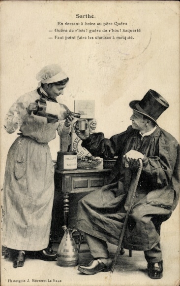 Postcard Sablé sur Sarthe, man in top hat drinking from a jug, a woman in a white dress pouring...