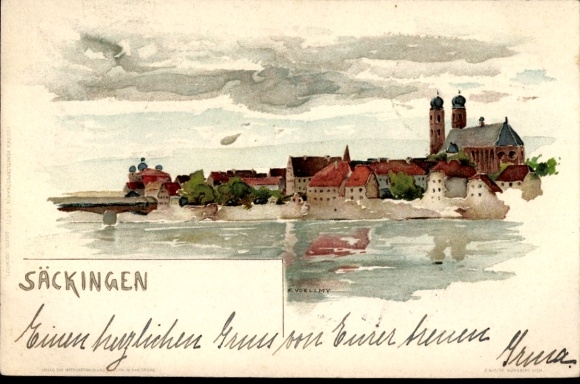 Postcard Bad Säckingen am Hochrhein, city view of water, buildings, clouds