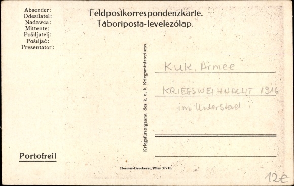 KP artystyczna Wesołych Świąt, żołnierze Kuk w ziemiance, choinka, Boże Narodzenie wojenne 1916