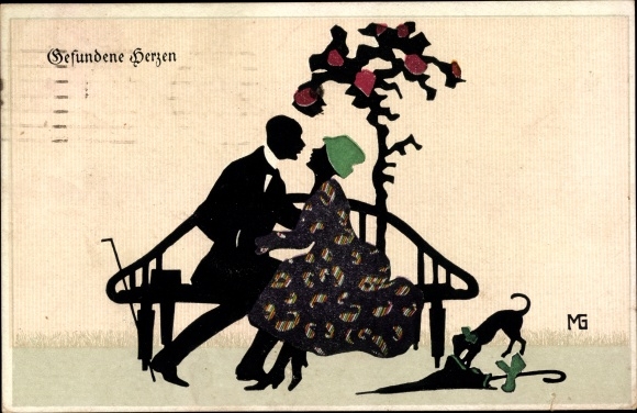 Paper cut PC Graf, Marte, Fasto silhouettes, found hearts, lovers on a bench
