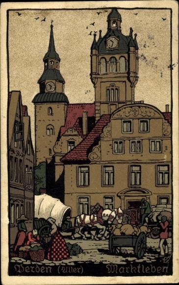 Stone print Postcard Verden an der Aller, market life